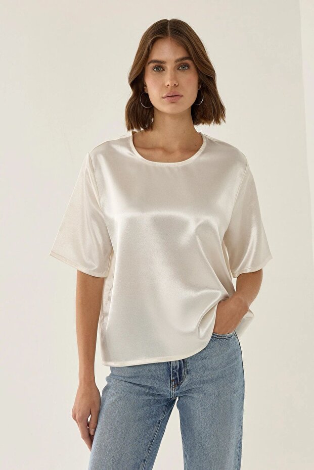Satin Crew Neck Blouse - 1