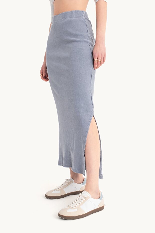 Normal Bel Beli Lastikli Basic Midi Etek - 2