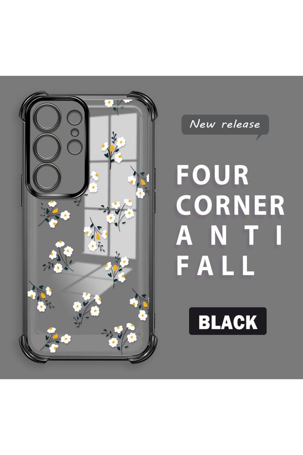 Samsung Galaxy S24 Ultra Compatible Camera Protected Transparent Soft Silicone Phone Case Flower Pattern
