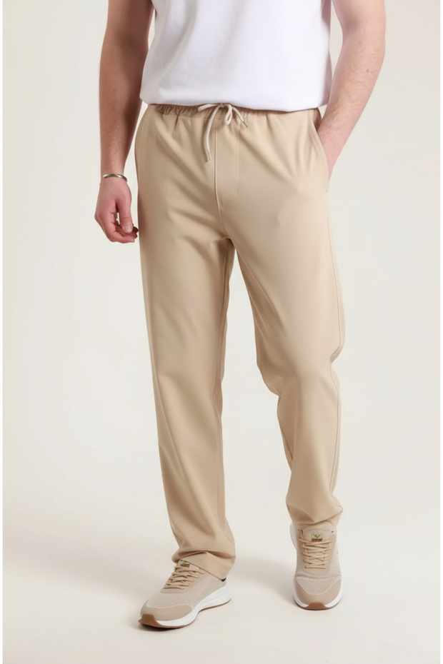 Men's Beige Parachute Fabric Sweatpants | Cargo Pocket Pieces, with Leg Clips, Baggy Cut