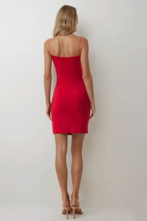 Kare Yaka Bodycon Sandy Mini Elbise - 5