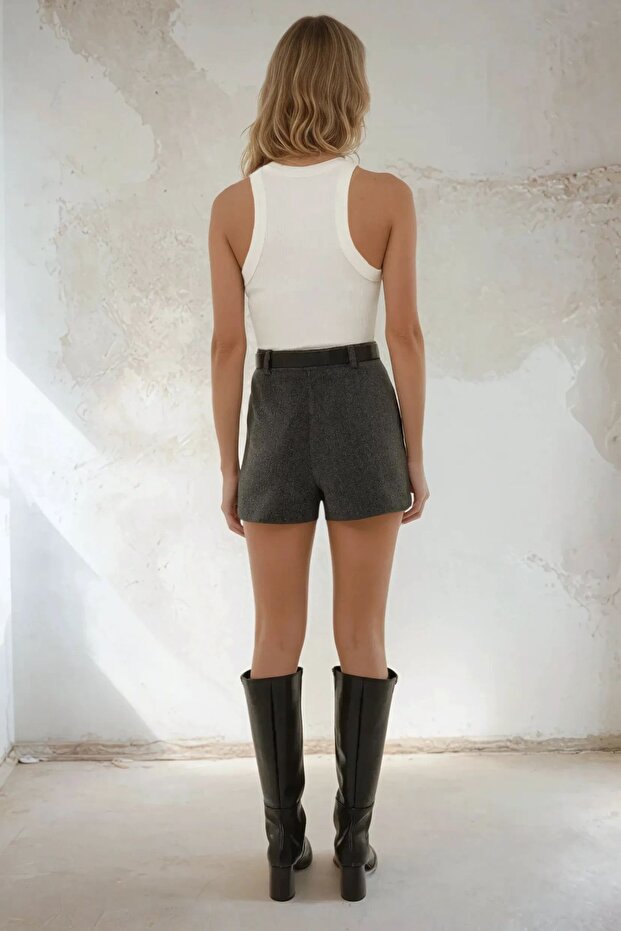 Yüksek Bel Dokuma Mini Şort Etek - 5