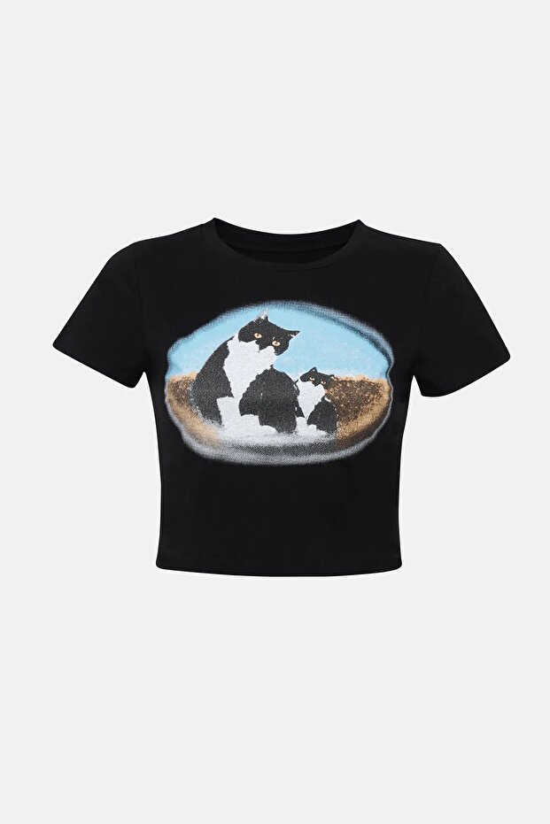 Baskılı Pamuklu Crop Tişört - 1