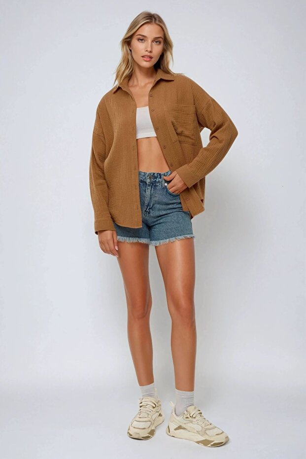 Oversize Cep Detaylı Pamuklu Gömlek - 4