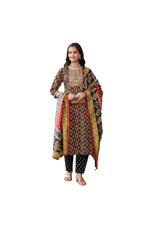 Yellow Women's Viscose Printed Kurta Pant And Dupatta Set - ALV1363