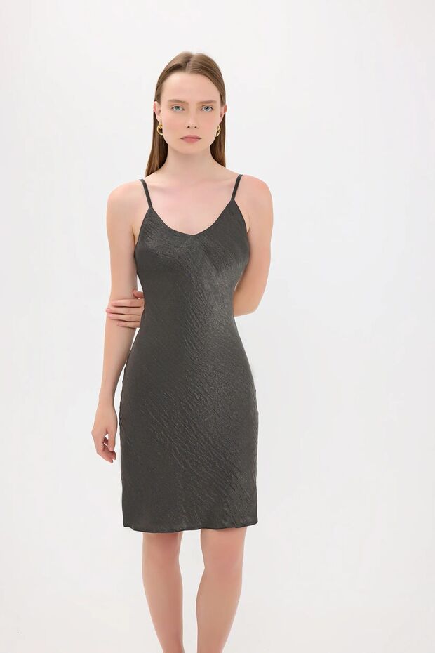 Satenden, Kolsuz, A-line Mini Elbise - 1