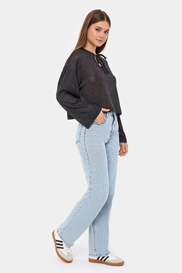 Kravat Detaylı Örme Oversize Bisiklet Yaka Bluz - 3