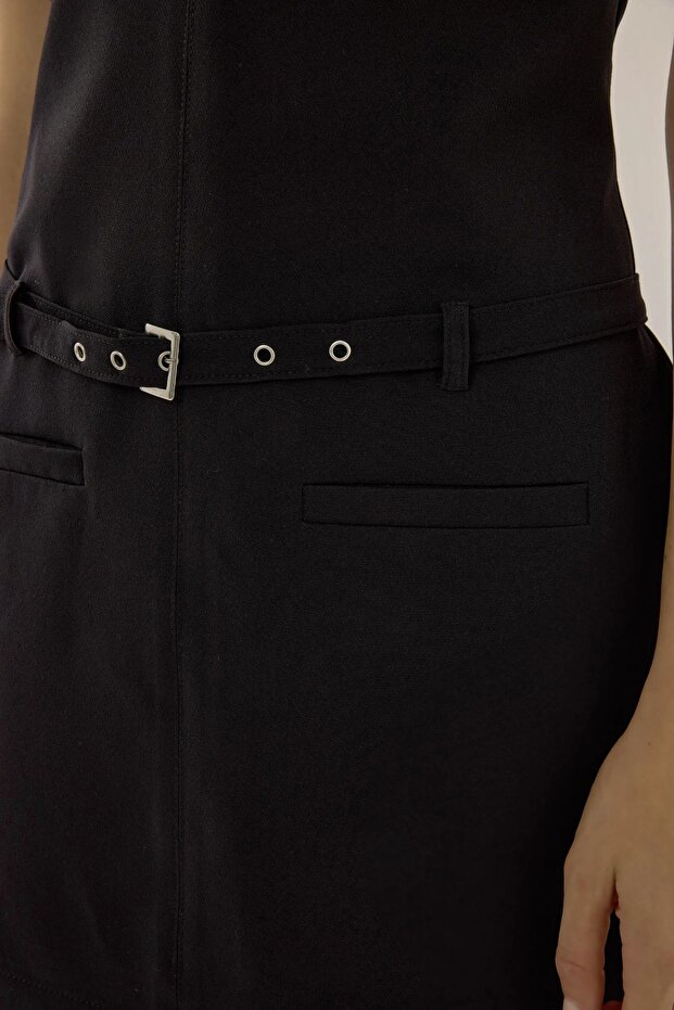 Kemerli V Yaka Mini Elbise - 5