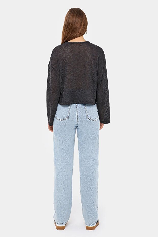 Kravat Detaylı Örme Oversize Bisiklet Yaka Bluz - 4