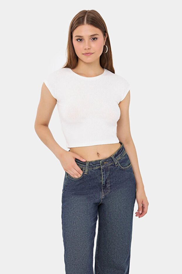 Basic Round Neck Short Sleeve Crop Top - 1