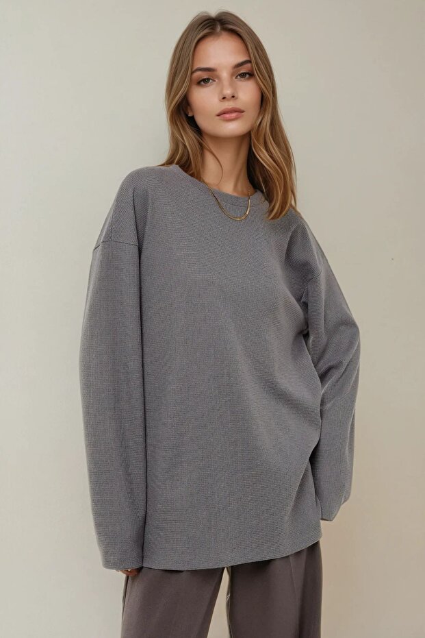 Dokulu Bisiklet Yaka Oversize Sweatshirt - 3