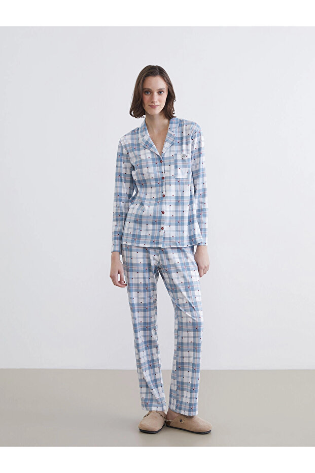 Lcw young blue shirt collar plaid women's pajama set
