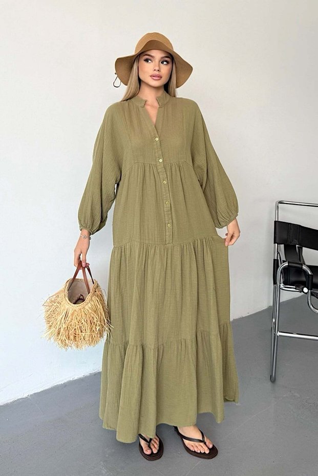 Women's Button Detailed 100% Cotton Long Dress Khaki - 26Y 3007