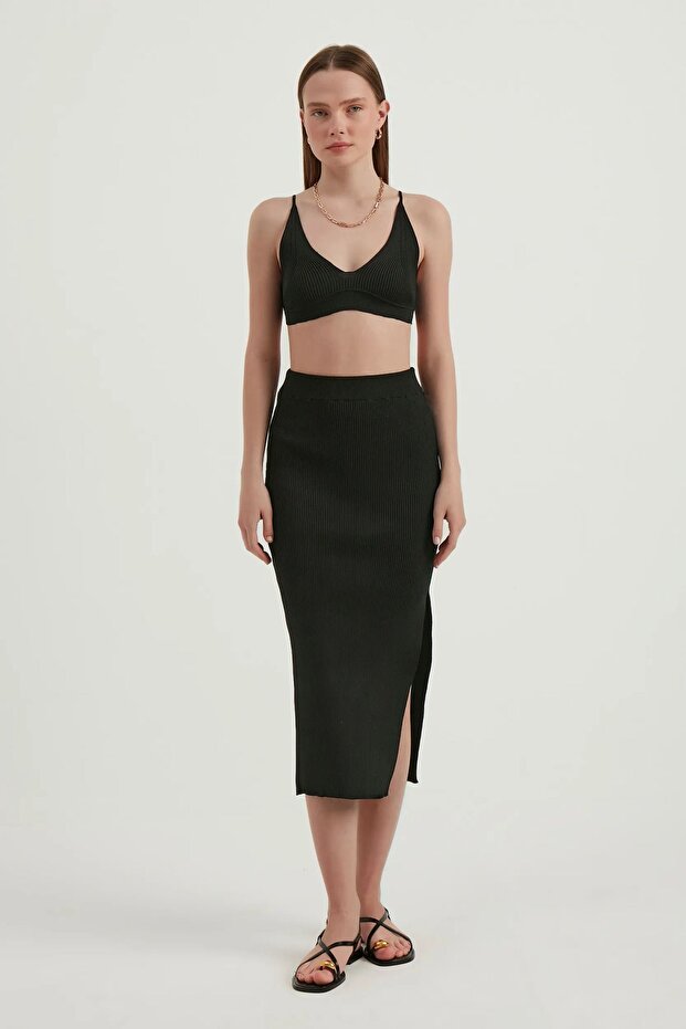2 Pieces: V-Neck Crop Top & High-Waisted Maxi Skirt with Side Slits