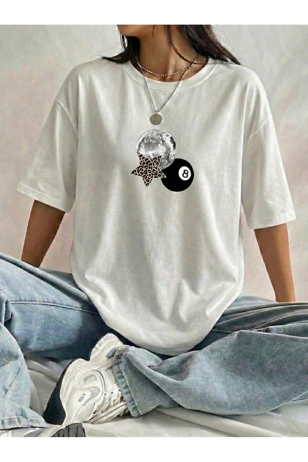 Women's Disco Ball Star Printed Crew Neck T-Shirt