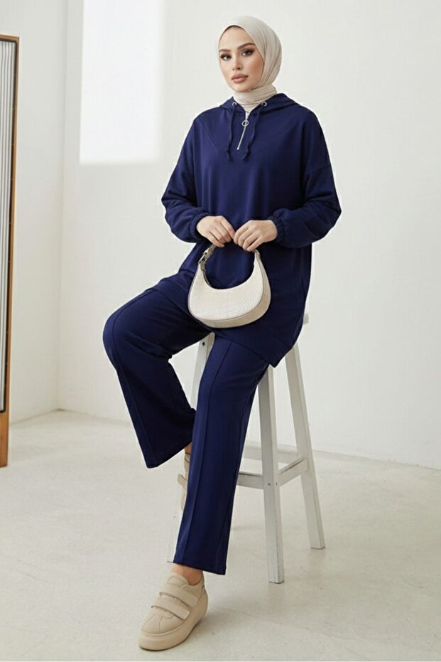 Hooded Tunic Trousers Double Suit 1676 - Navy Blue