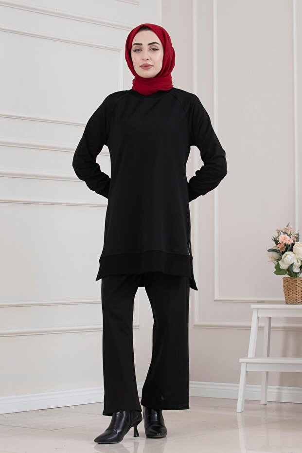 Crew Neck Side Zipper Suit-Black