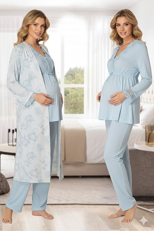 Women's Long Dressing Gown Patterned Lace Detailed Maternity 3-Piece Pajama Set