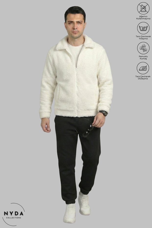 Men's Long Sleeve Winter Plush Fabric Polo Neck Zipper Jacket