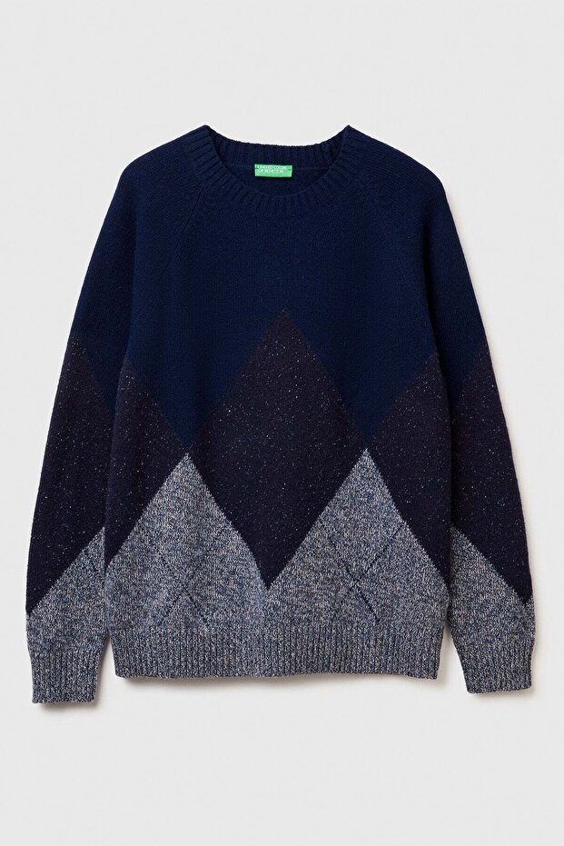 Navy Blue Men's Erk_Wool Blended Argyle Patterned Ribbed Detailed Sweater Model Code: (1Ngvk10B20Y8)