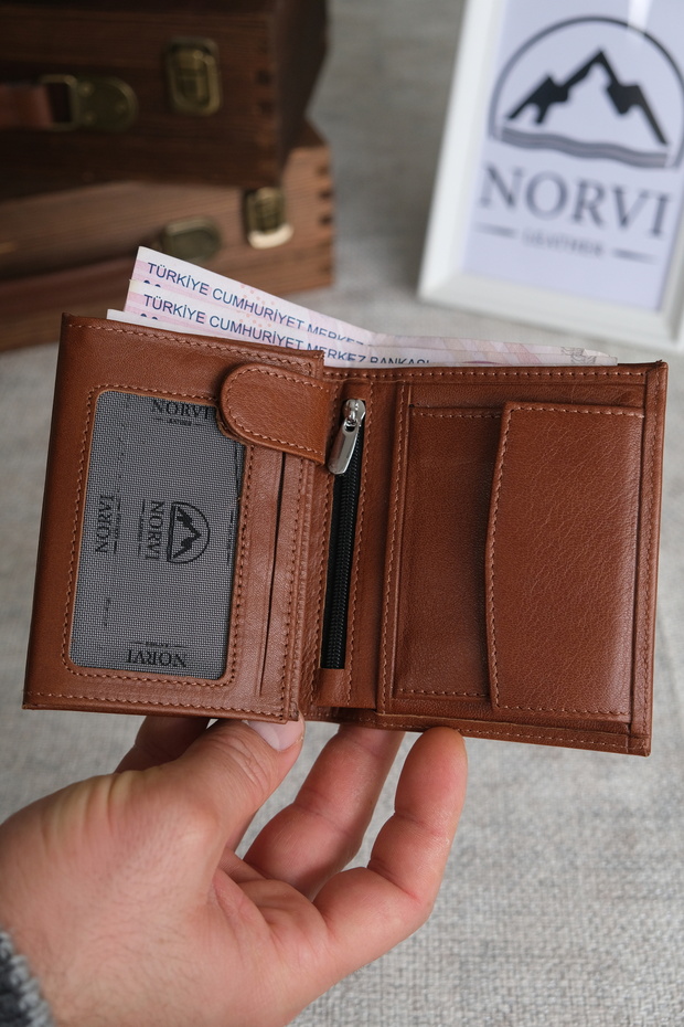 Genuine Leather Wallet with Snap Fastener Zipper and Coin Compartment 1291