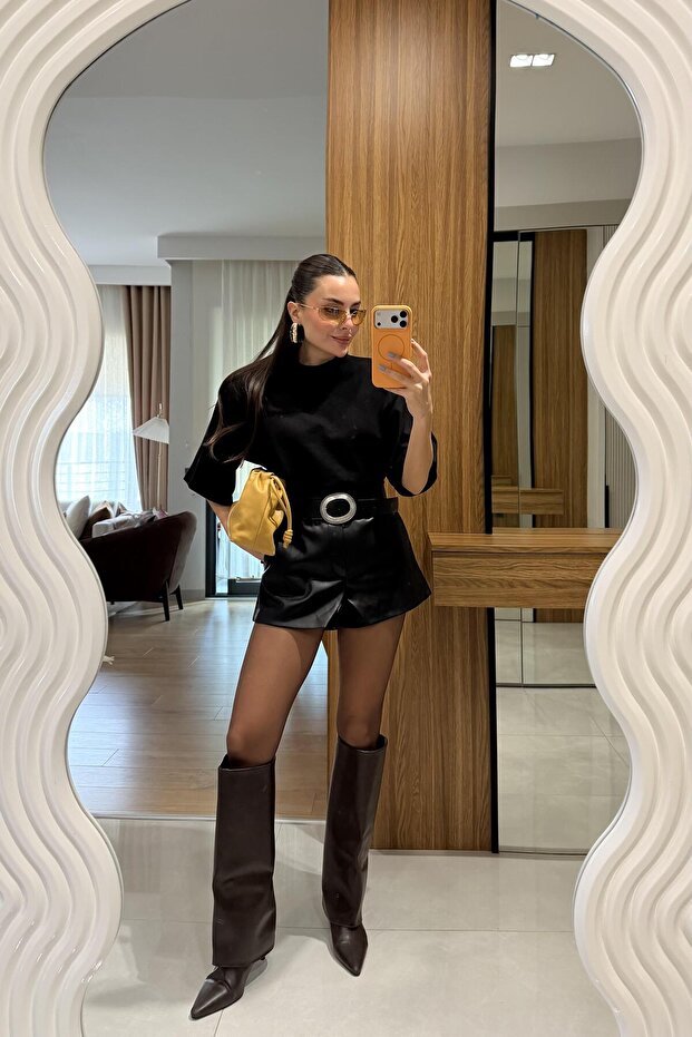 Fayme Siyah Deri Şort - 7