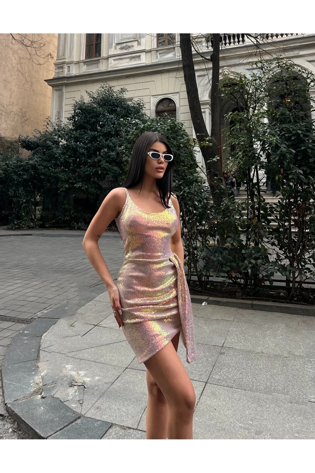 Premium Trend Yansımalı Pullu Mini Gece Elbisesi - 4