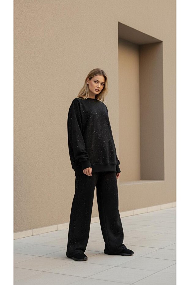 New Season Women's Crew Neck 2 Thread Glitter Fabric Sweatshirt-Pants 2 Piece Set 0070