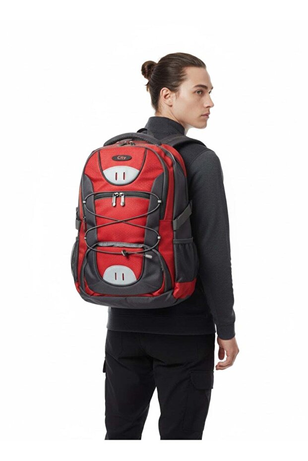 Multi-Pocket Backpack for School and Travel (Red/Grey)