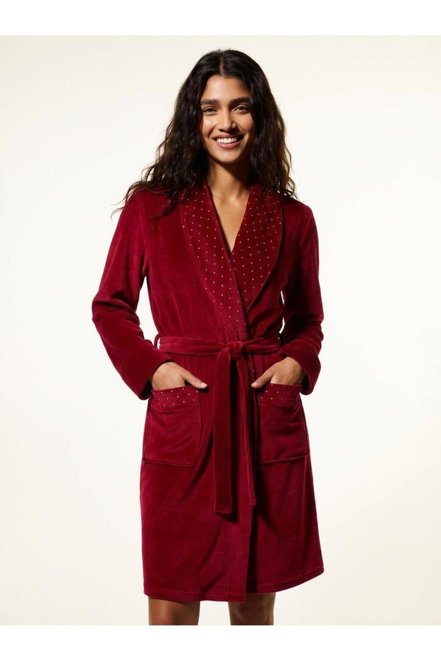 Women's Velvet Shawl Collar Long Sleeve with Pockets 100% Cotton Burgundy Dressing Gown Cot618132