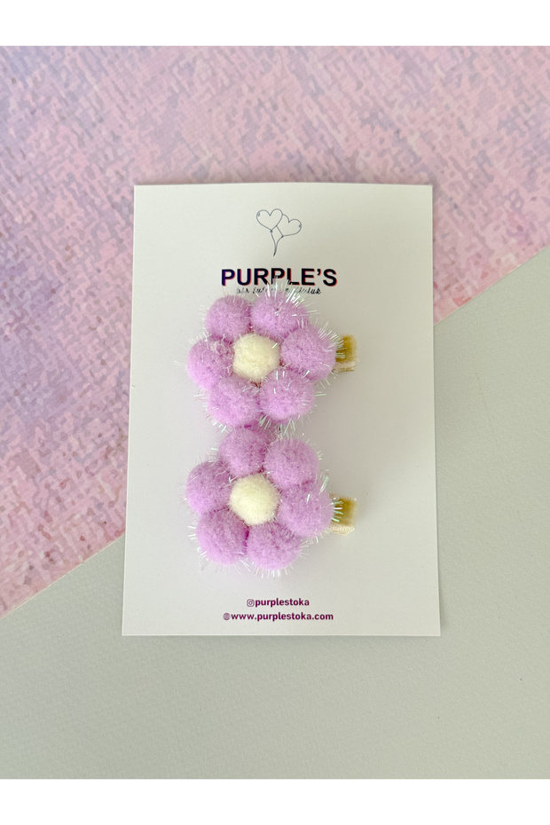 Handmade Design 2-Piece Glittery Soft Pompom Detailed Flower Model Baby Girl Hair Clip