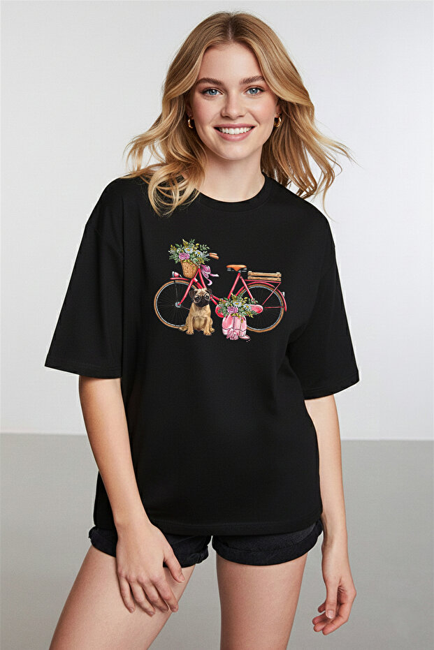 Women's Pug Graphic Printed Round Neck Black T-Shirt