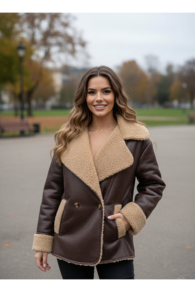 Women's Bitter Brown Leather Piped Detail Double-Breasted Collar Distressed Suede Plush Coat Ayr2261