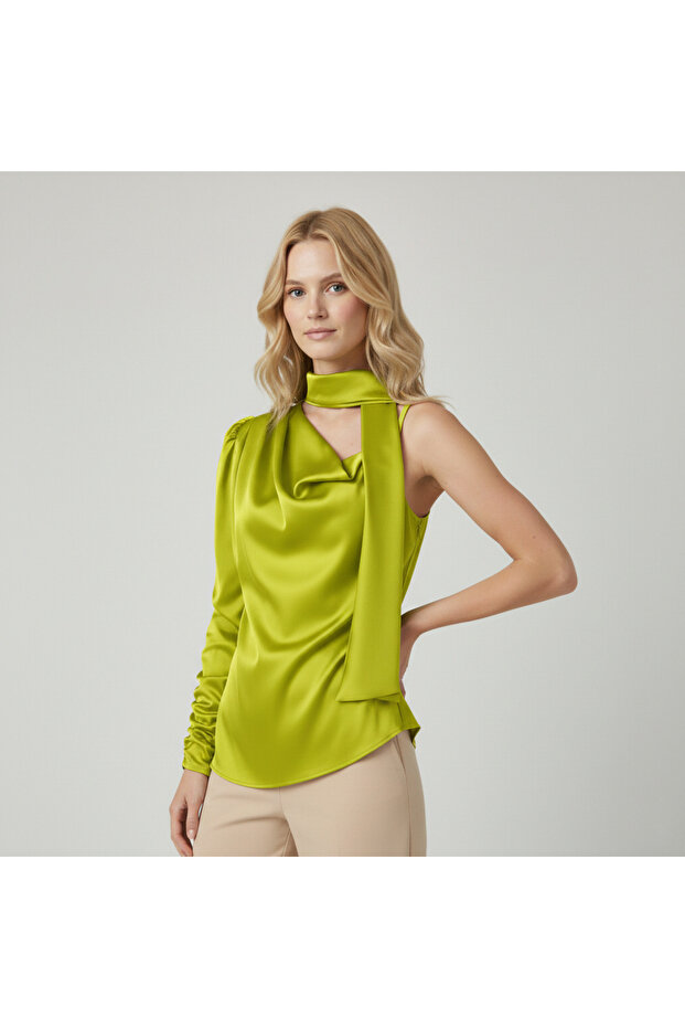 Women's Oil Green One Shoulder Satin Blouse Ayr2218