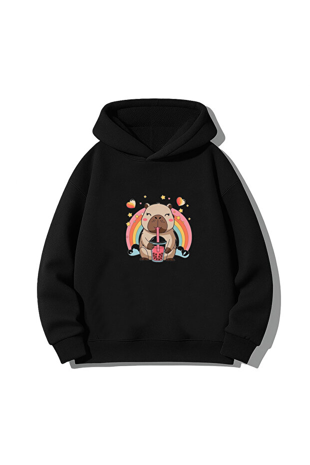 Capybara Printed Black Kids Men Women Hooded Sweatshirt
