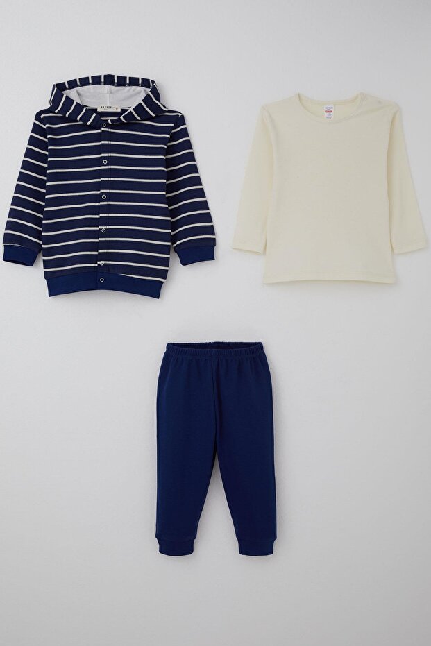 Baby Boy Bodysuit 3-Piece Set Striped Snap Fasteners 4 Months-1 Year, Navy Blue
