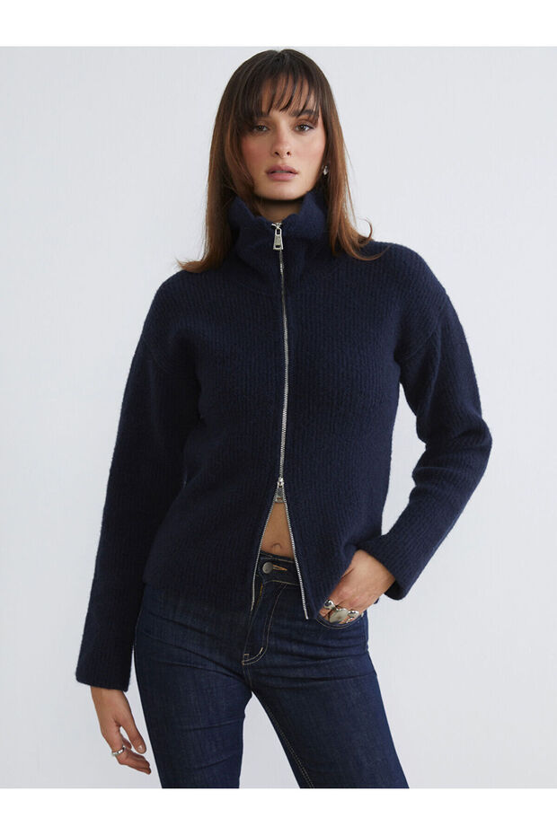 Alita City Farkıyla Soulife Navy Blue Knitwear Plain Women's Cardigan