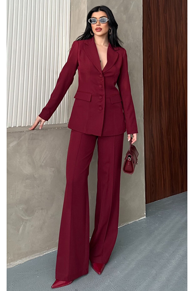 Women's Fabric Button Detail Jacket and Trousers Set Burgundy