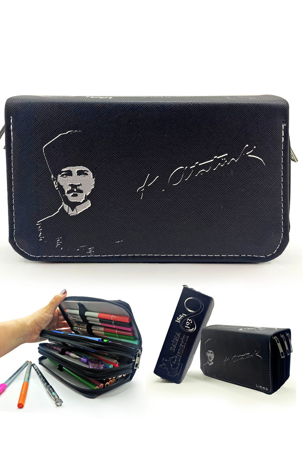 Pencil Case Black Ataturk Mustafa Kemal Ataturk Patterned Kawai Organizer Pencilcase Vegan Leather Three Compartments