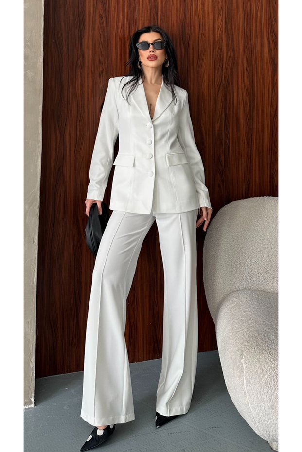 Women's Fabric Button Detail Jacket Pants Set White