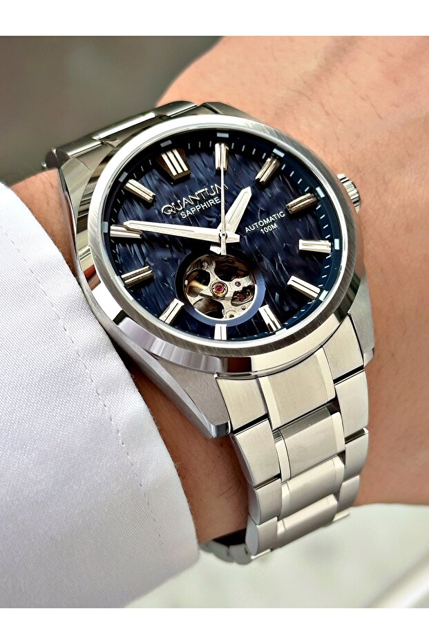 Automatic Mechanism Silver-Navy Blue Color Steel Band Steel Case Men's Wristwatch 1192Mr