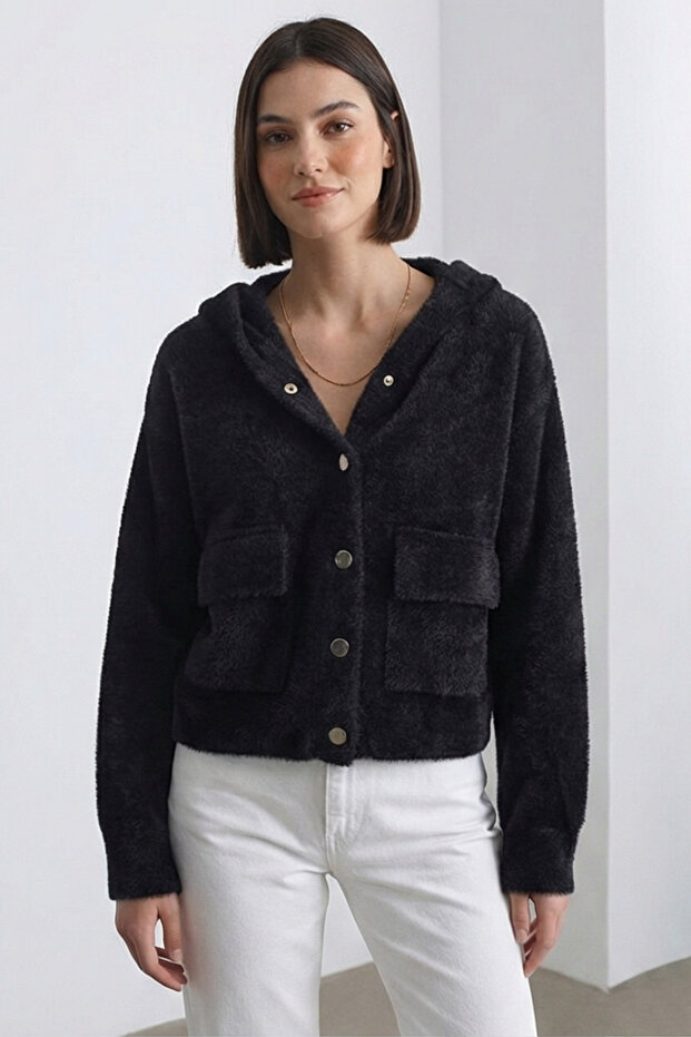 Women's Hooded Gold Button Plush Textured Jacket – Black