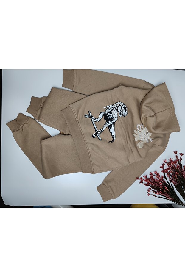 Dinosaur Light Brown Boys' Hooded Piece Set - Ages 6-7