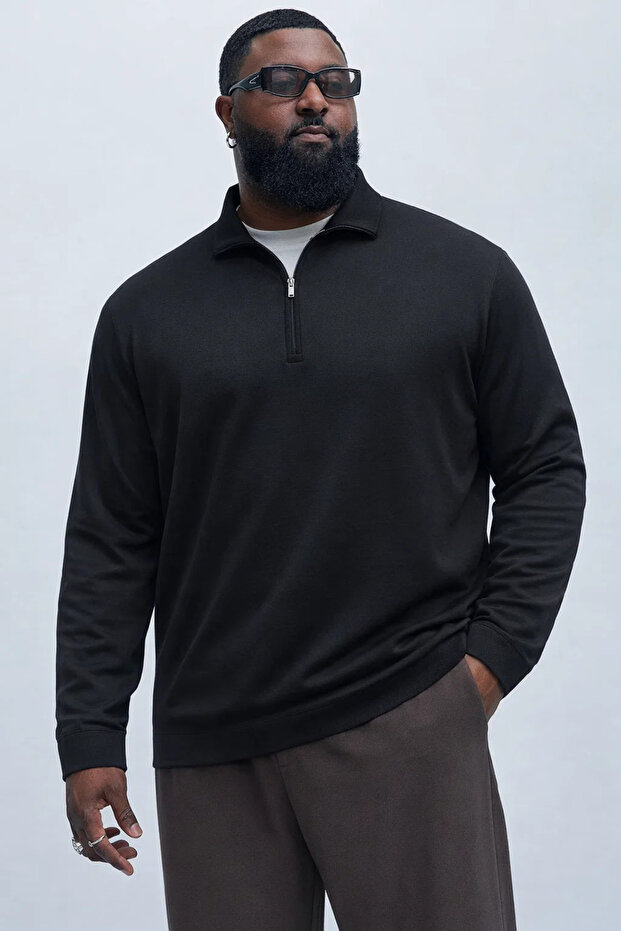Men's Transitional Large Size Black Knitwear Sweatshirt