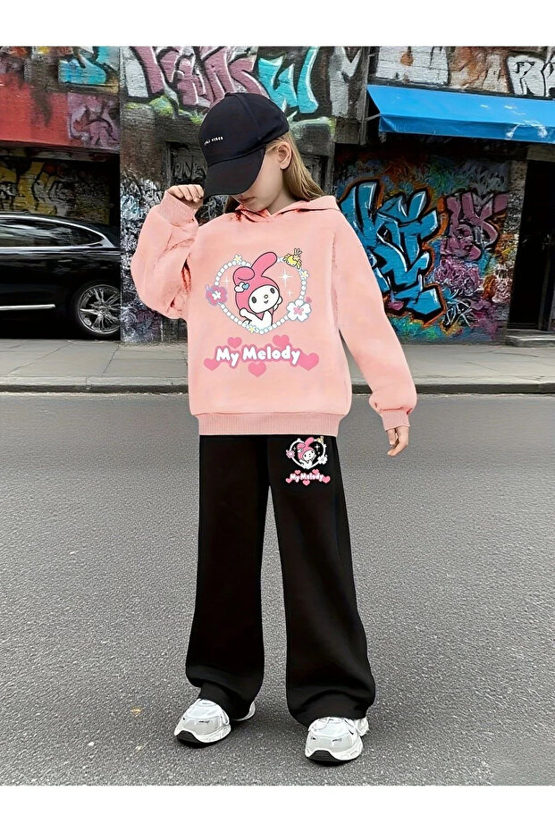 Children's New Stitch Printed Hooded Sweatshirt Flared Tracksuit Set