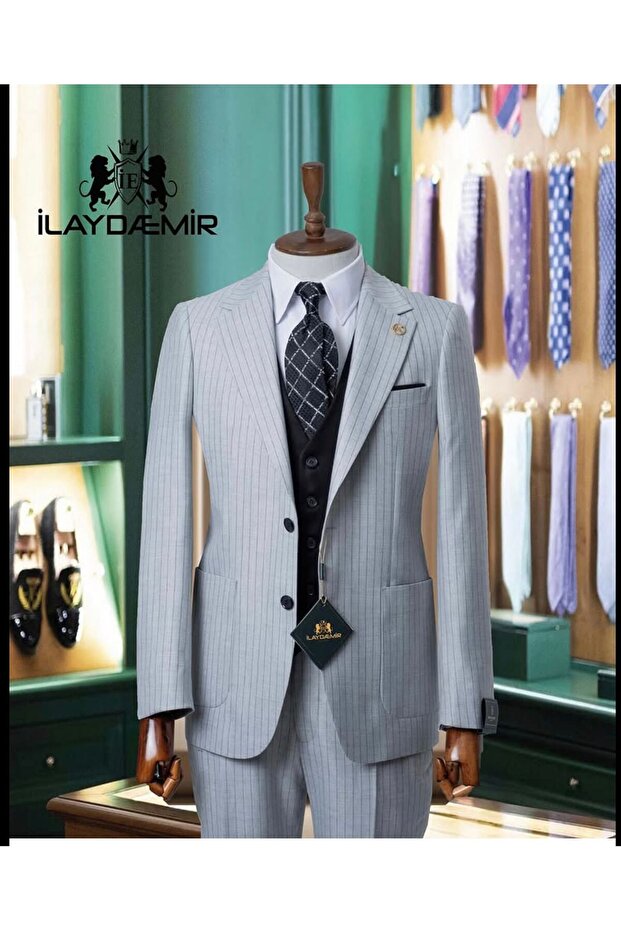 Slim Fit , Blazer, Pocket Pocket, 2 Buttons, 6 Drop Stripes Light Gray Men's Suit