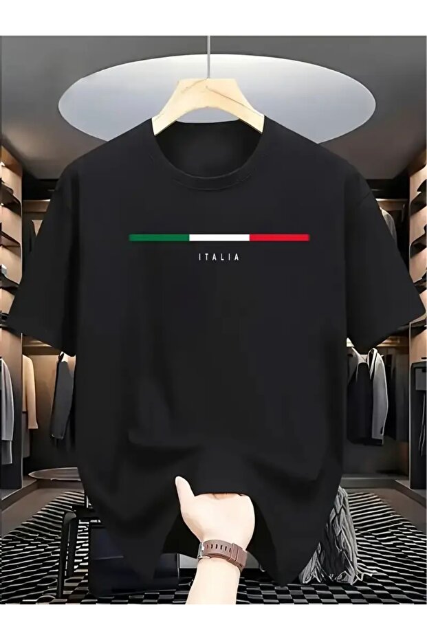 تي شيرت بياقة دائرية كبيرة الحجم مطبوع عليه ITALIA