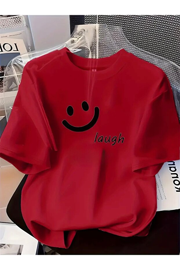 تي شيرت كبير الحجم بياقة دائرية مطبوع عليه كلمة LAUGH