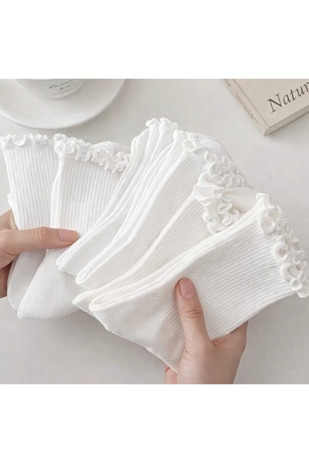 3-Piece Ruffle Detailed White 100% Cotton Women's Socks