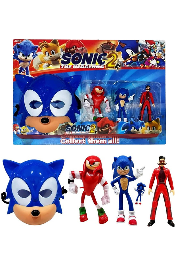 Sonic the Hedgehog 2 Toy Playset Sonic 2 Action Figures & Wearable Blue Face Mask 4-Pcs for Kids Toy